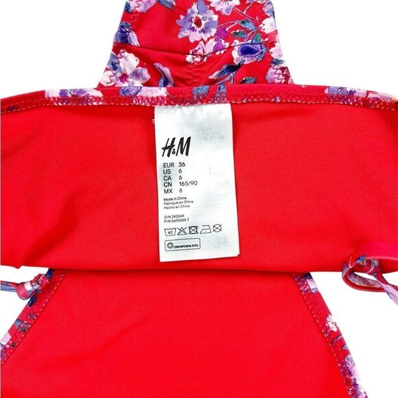 H&M Red Floral Swim Bikini Bottoms Side Tie Size 6 - Picture 3 of 4